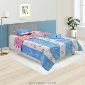 CUBRELECHO SUPER ACOLCHADO CAMA SENCILLA ESTRELLAS DE MAR EN FRANJAS AZUL CIELO, CORAZONES FONDO ROSADO